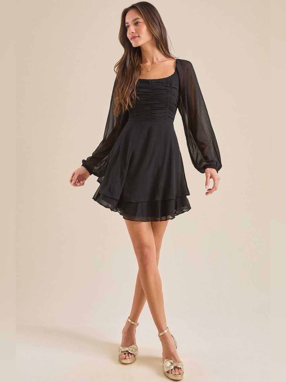 Black Long Sleeve Square Neck Mini Dress